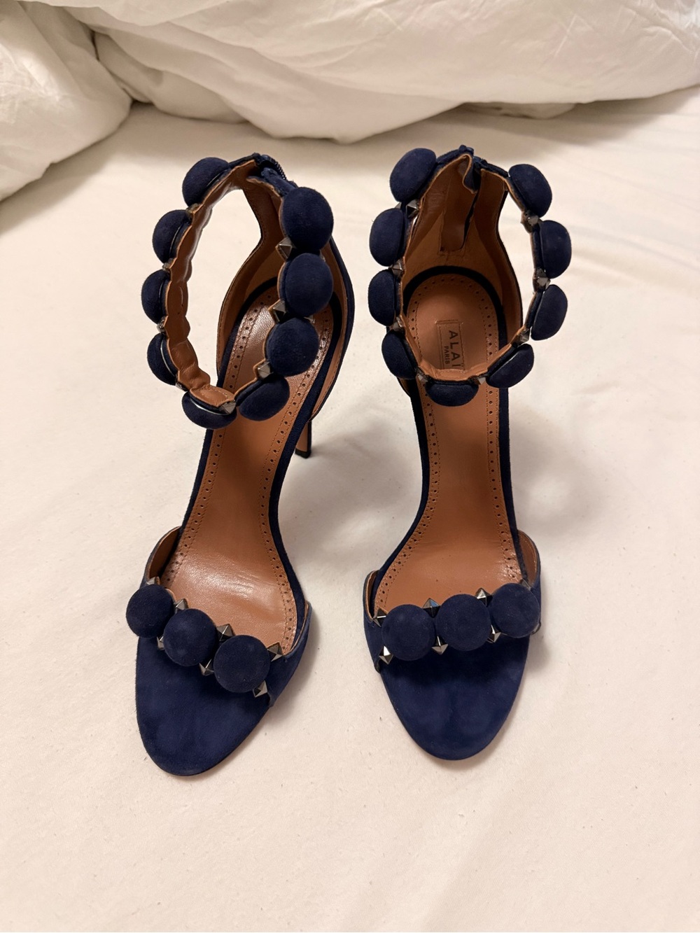 Alaia Navy Suede Pom-Pom Stiletto Sandals